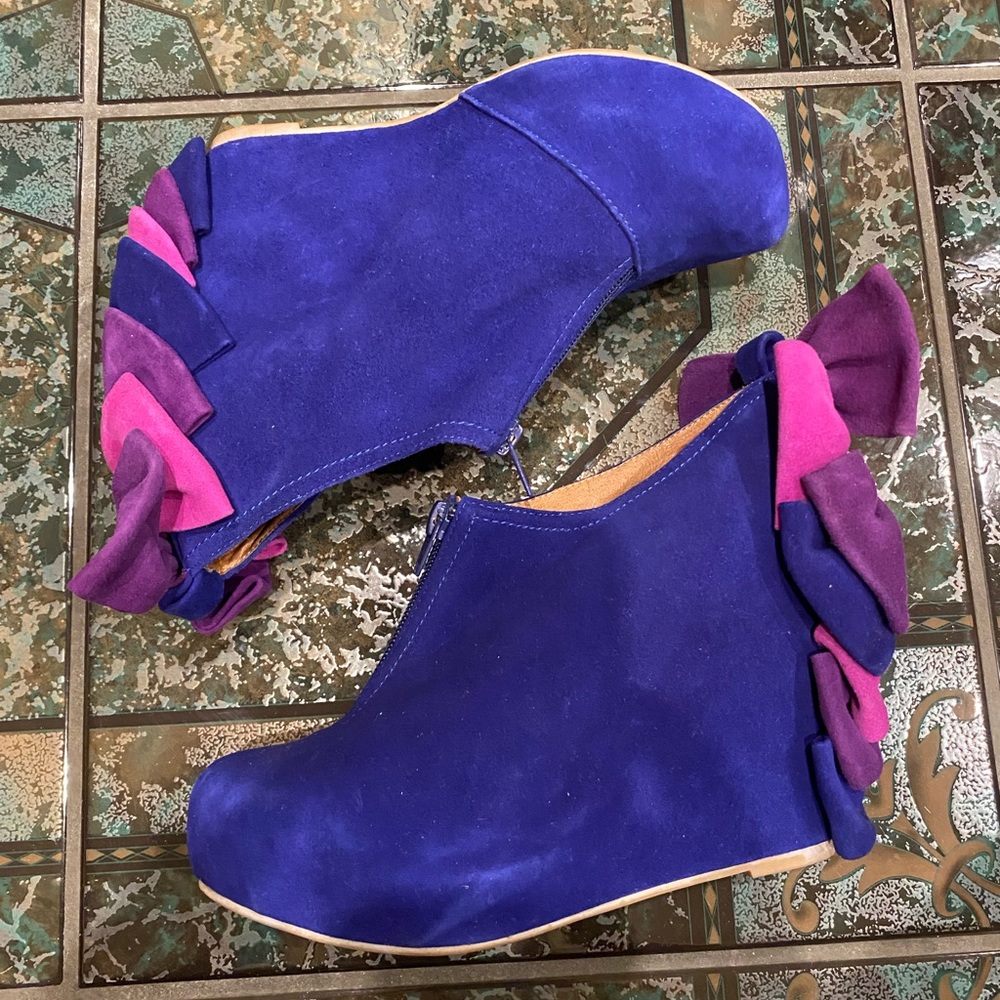 Jeffrey Campbell Royo blue suede back bows ankle boots